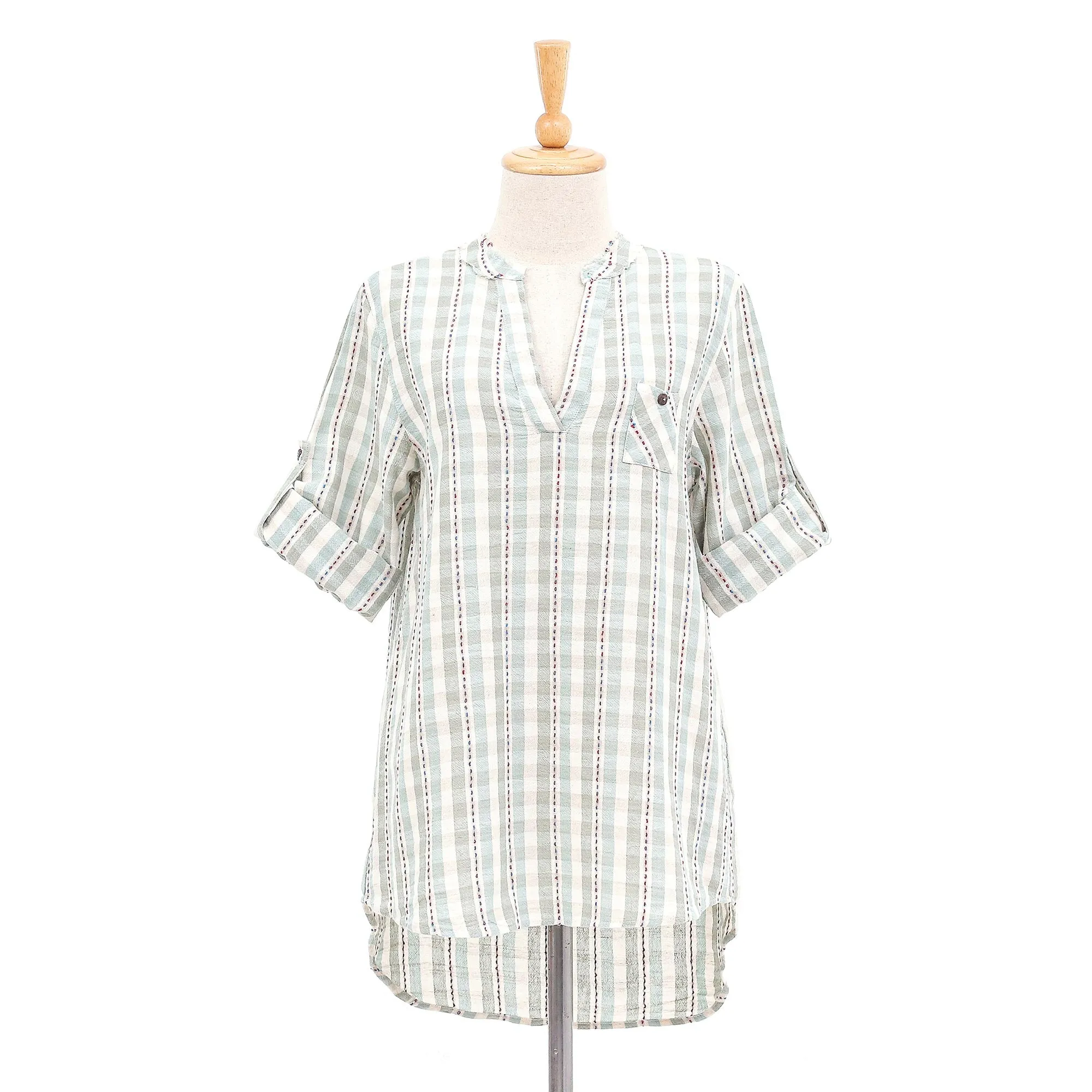 Mae Ping Breeze Green Striped Cotton Blouse