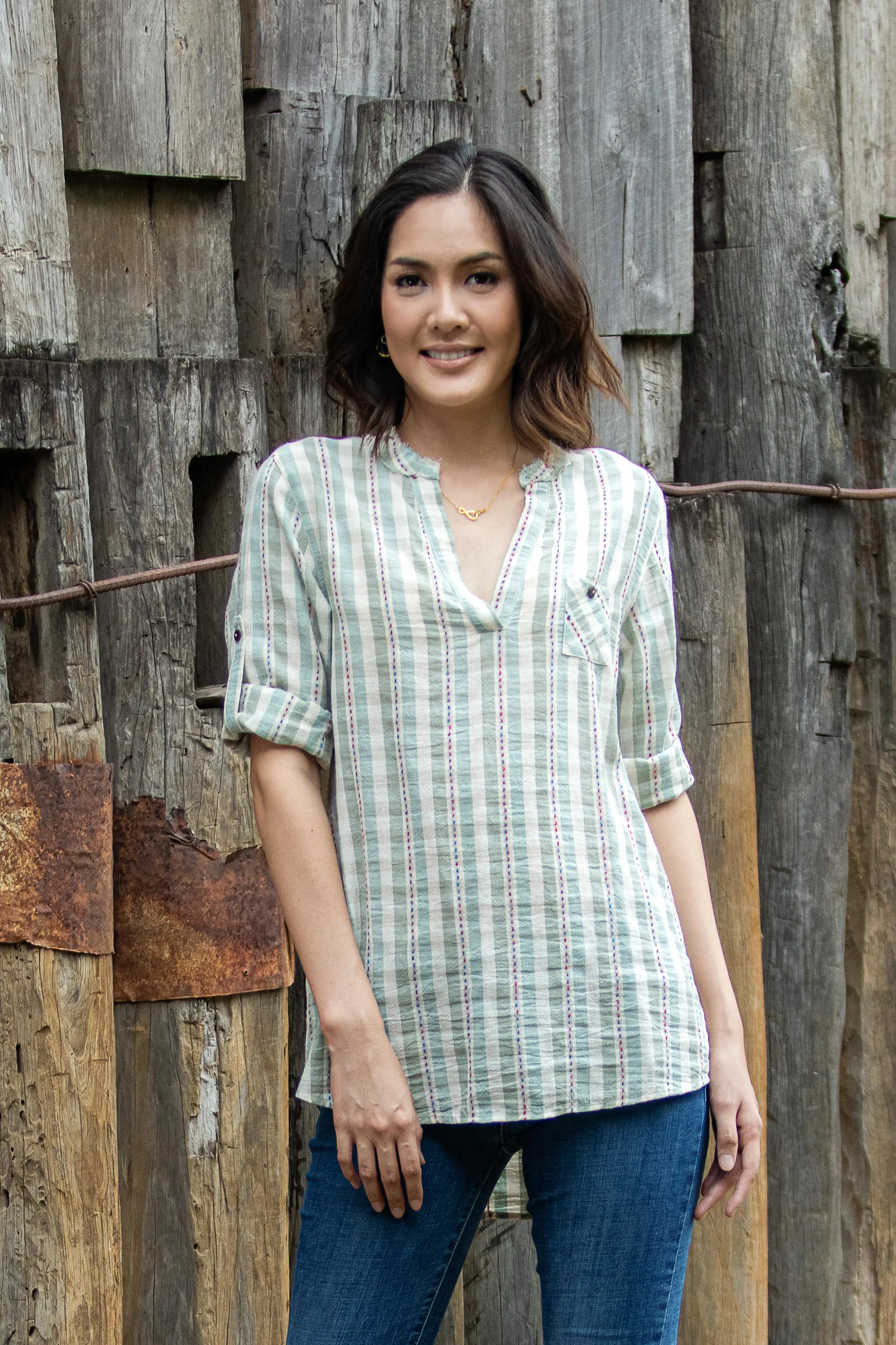 Mae Ping Breeze Green Striped Cotton Blouse