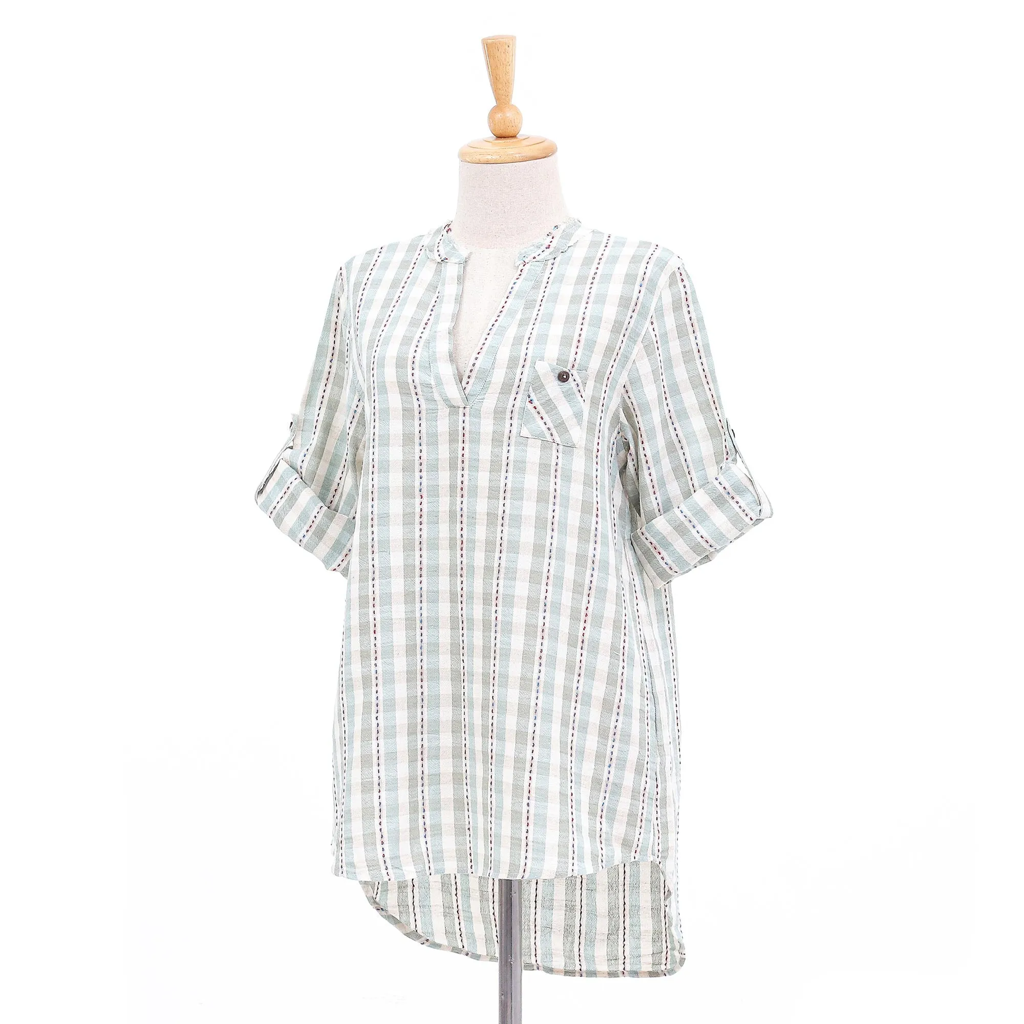 Mae Ping Breeze Green Striped Cotton Blouse