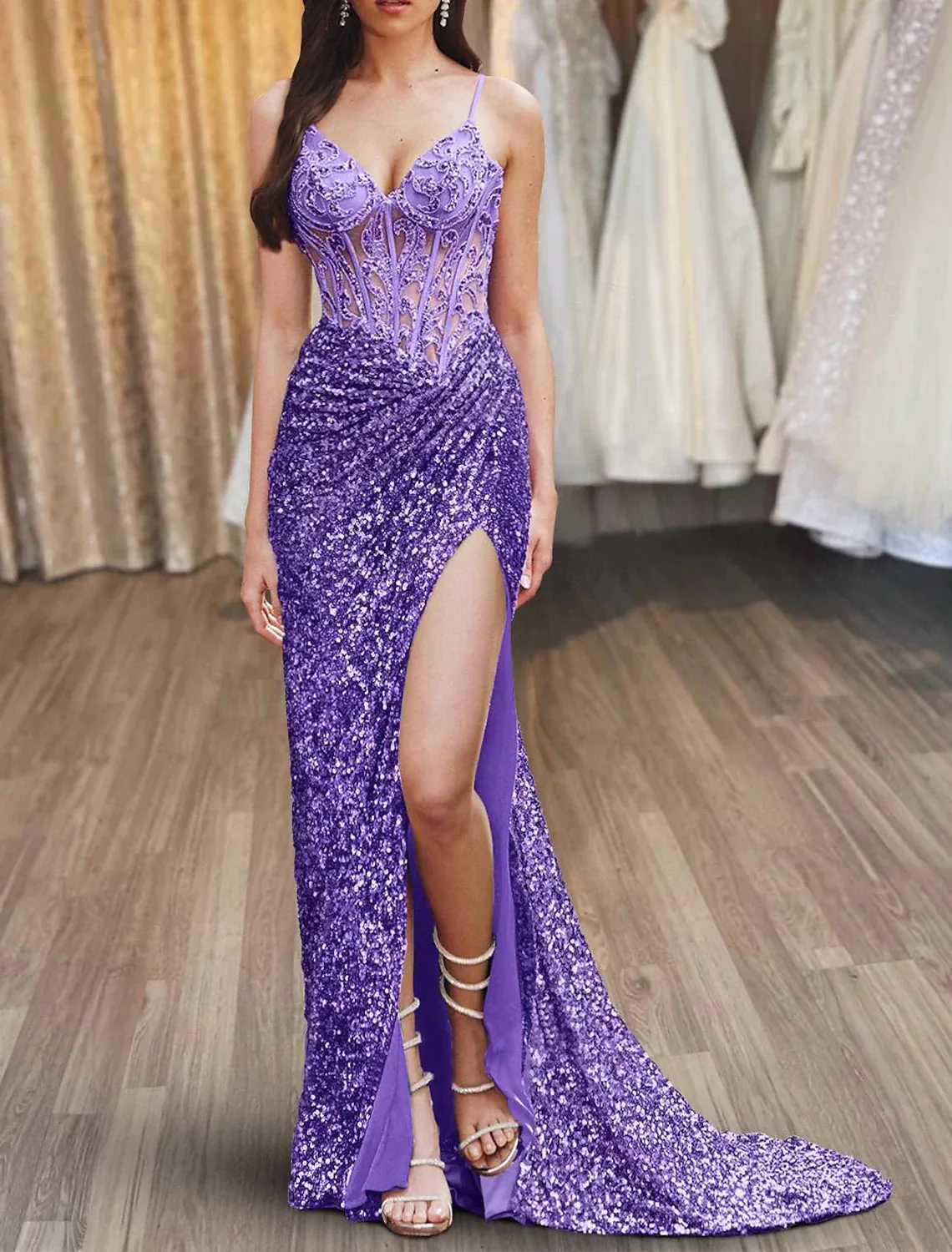 Mermaid / Trumpet Prom Dresses Dresses Gowns Evening Dresses Formal Wedding Guest Floor Length Sleeveless Spaghetti Strap Sequined with Slit Appliques