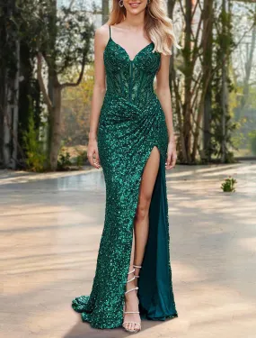 Mermaid / Trumpet Prom Dresses Dresses Gowns Evening Dresses Formal Wedding Guest Floor Length Sleeveless Spaghetti Strap Sequined with Slit Appliques