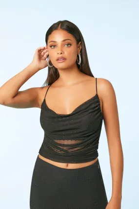 Mesh Rhinestone Cowl Neck Crop Top