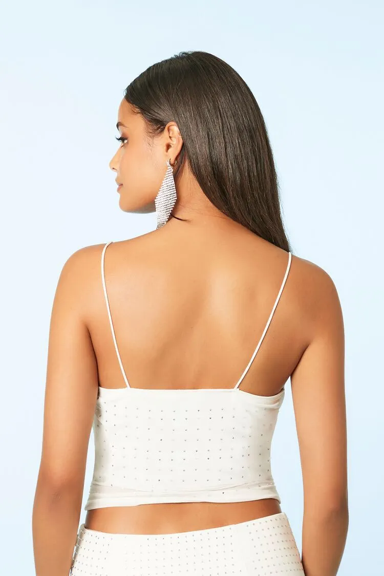 Mesh Rhinestone Cowl Neck Crop Top