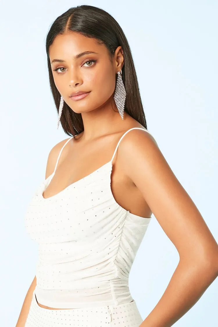 Mesh Rhinestone Cowl Neck Crop Top