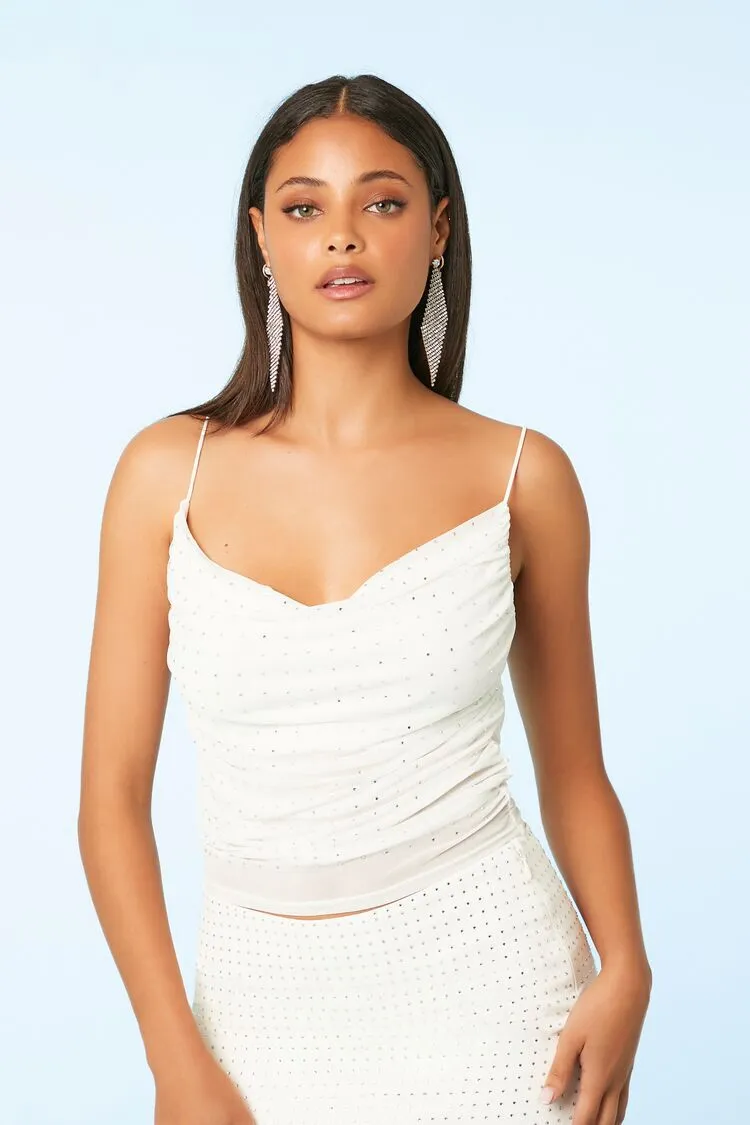 Mesh Rhinestone Cowl Neck Crop Top