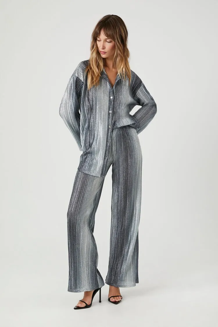 Metallic Gradient Striped Wide-Leg Pants
