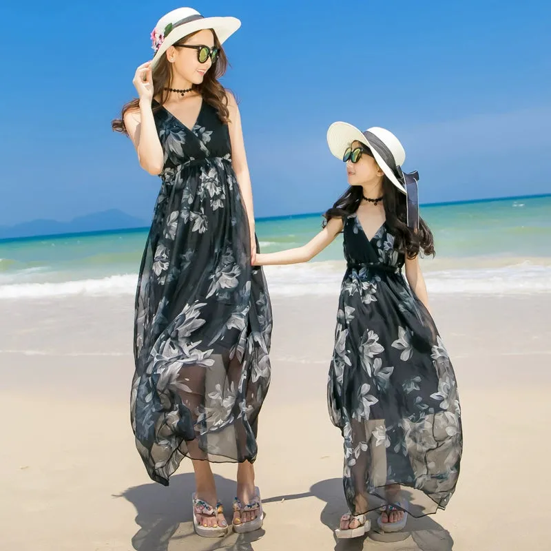 Photo V Neck Bohemia Chiffon Mother-Daughter Parent-Child Outfit