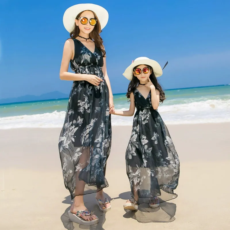 Photo V Neck Bohemia Chiffon Mother-Daughter Parent-Child Outfit