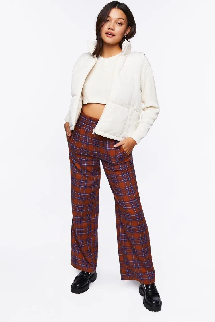 Plaid Smocked Wide-Leg Pants