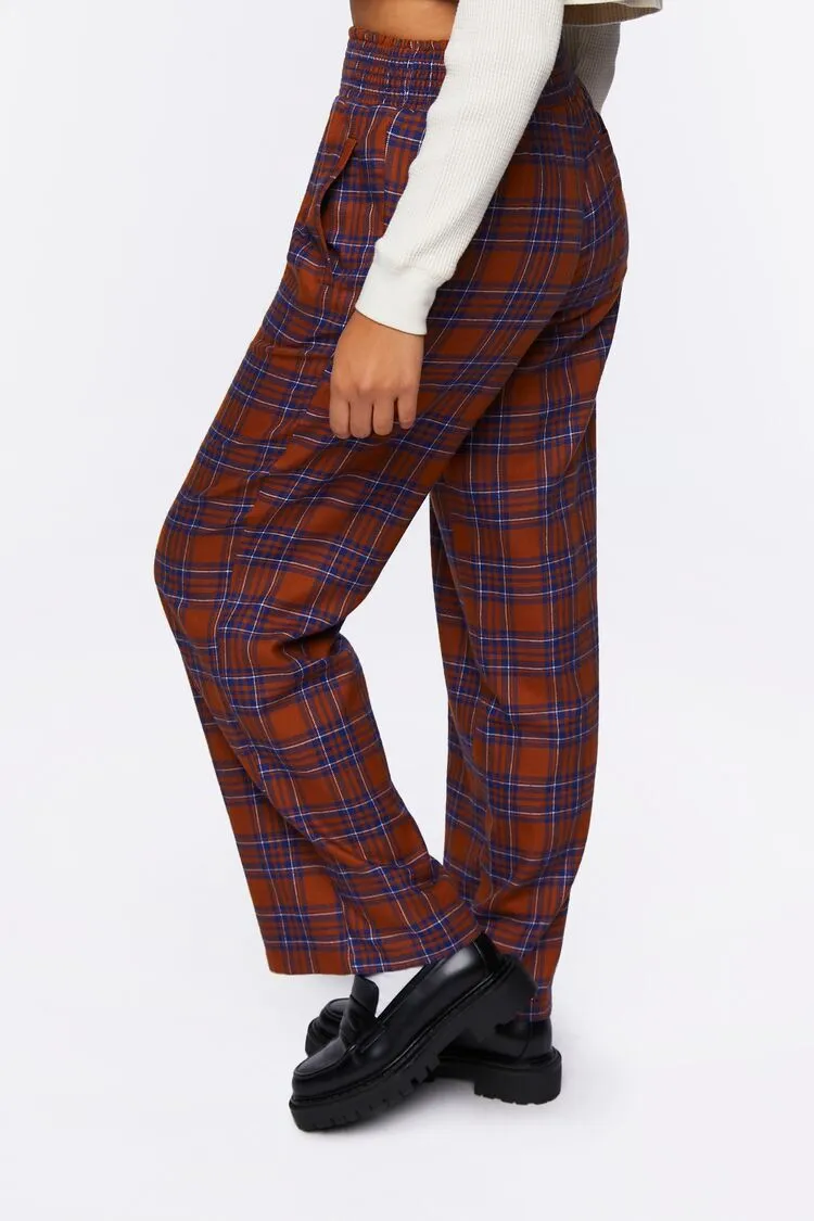 Plaid Smocked Wide-Leg Pants