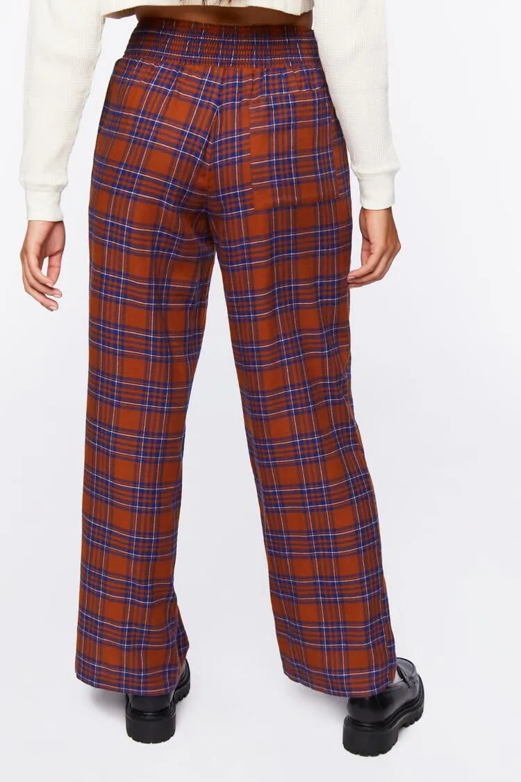 Plaid Smocked Wide-Leg Pants
