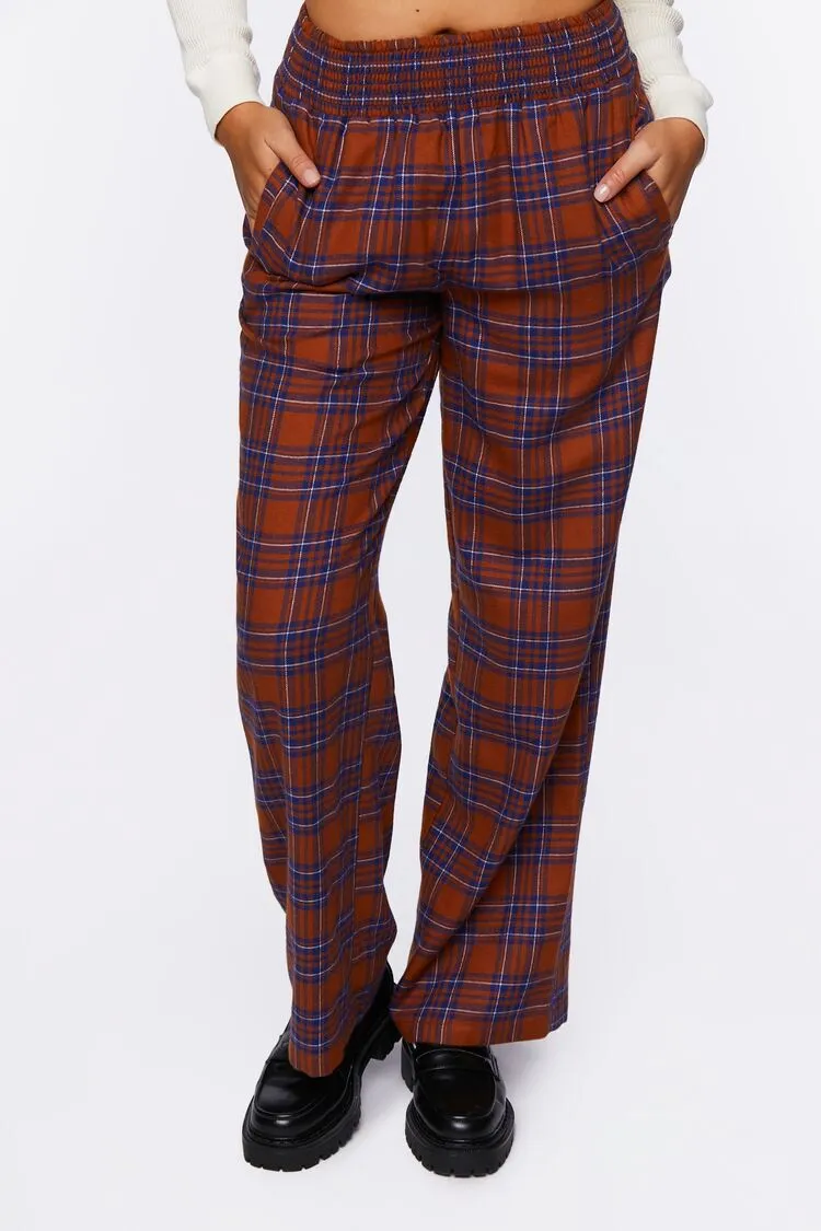 Plaid Smocked Wide-Leg Pants