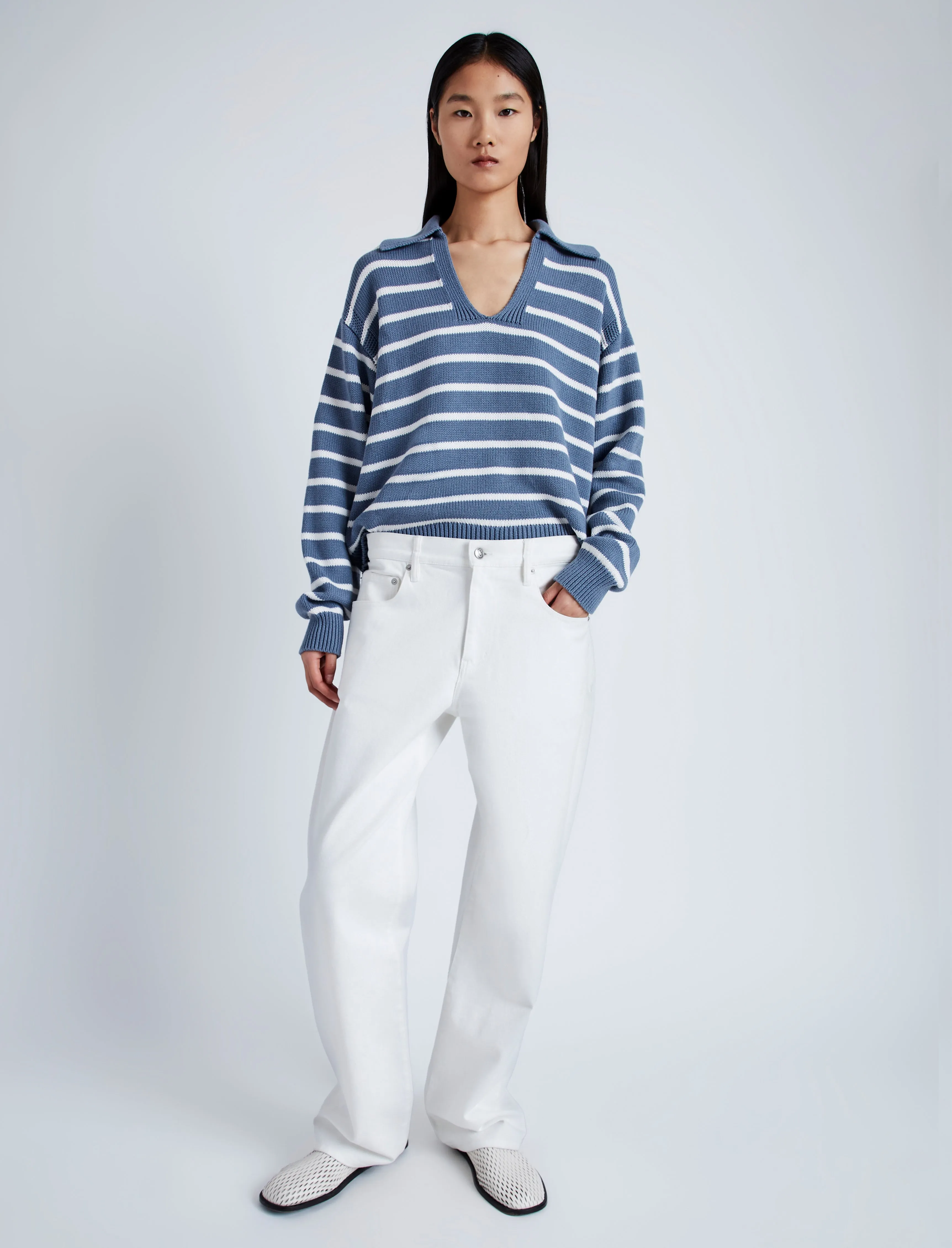 Proenza Schouler White Label Murphy Sweater in Striped Cotton Cashmere - Slate/Chalk