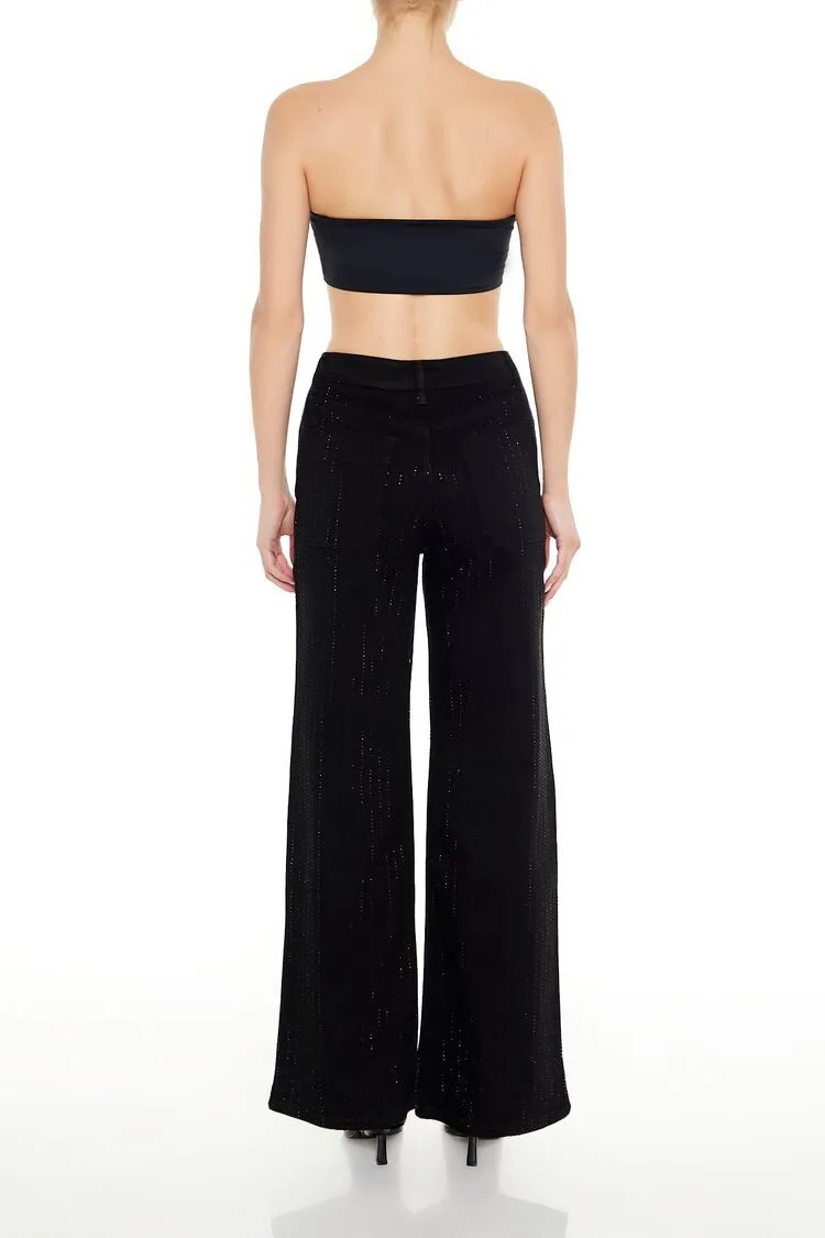 Rhinestone Cutout Wide-Leg Jeans