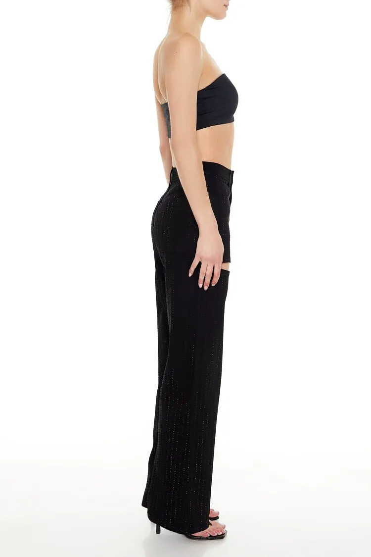 Rhinestone Cutout Wide-Leg Jeans