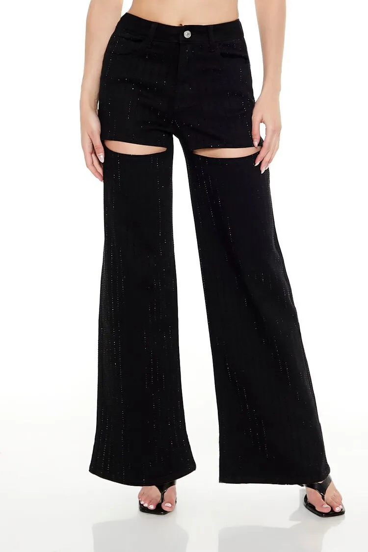 Rhinestone Cutout Wide-Leg Jeans