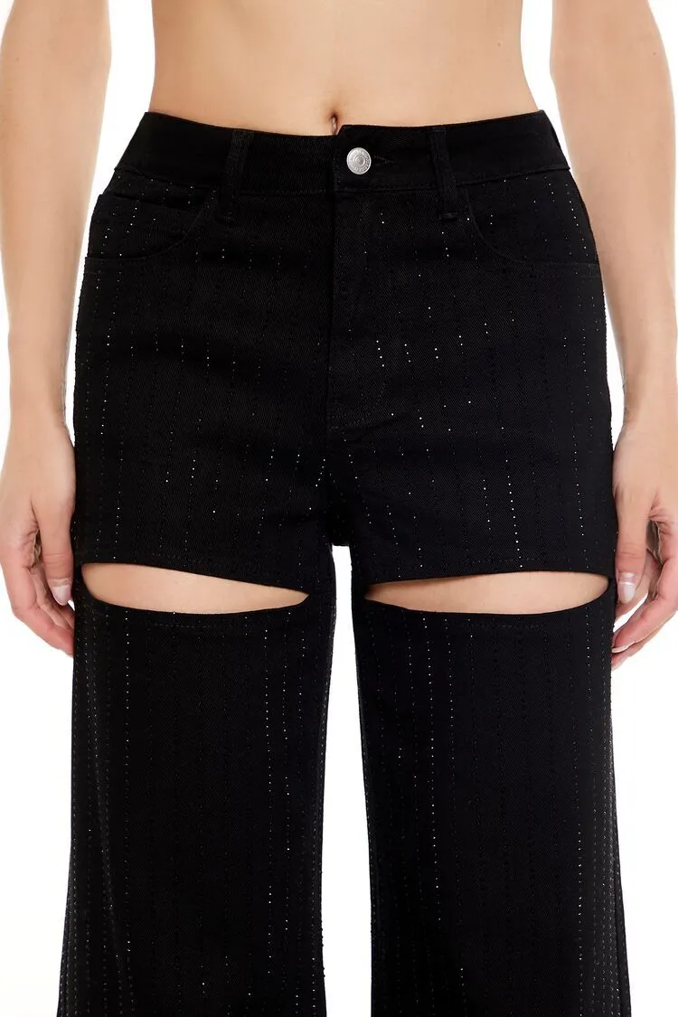 Rhinestone Cutout Wide-Leg Jeans