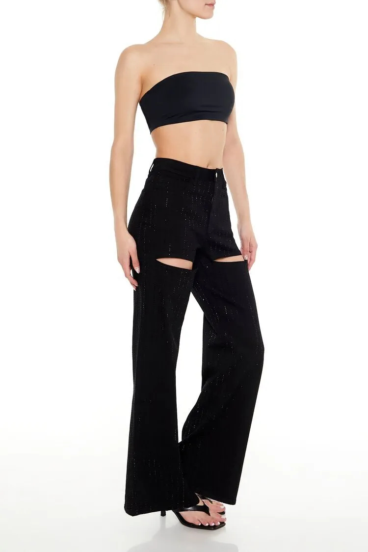 Rhinestone Cutout Wide-Leg Jeans