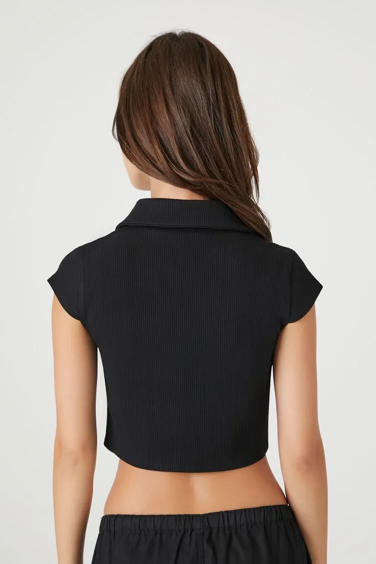 Ribbed Split-Neck Crop Top