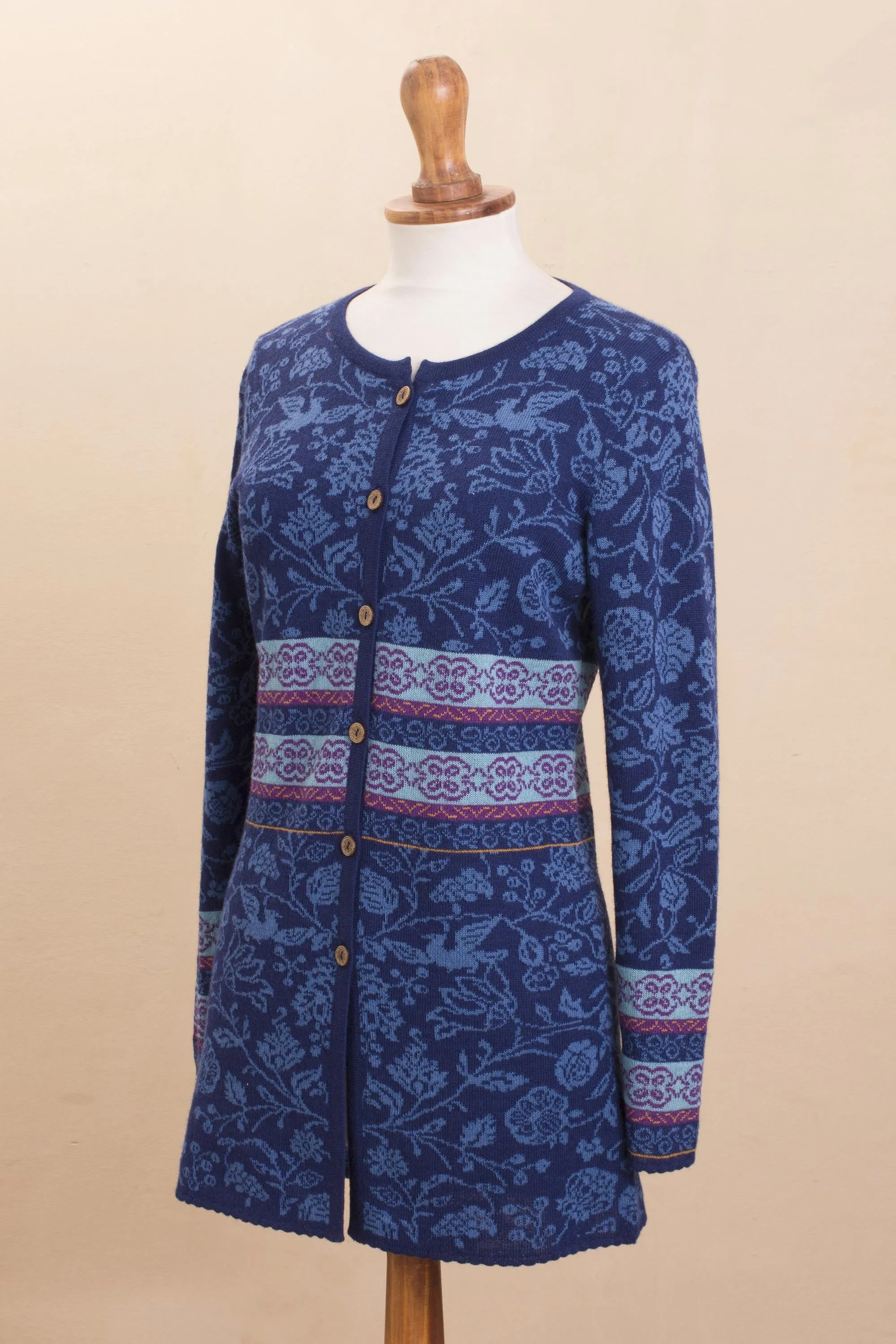 Romantic Nature in Indigo Nature-Themed 100% Baby Alpaca Cardigan in Indigo from Peru