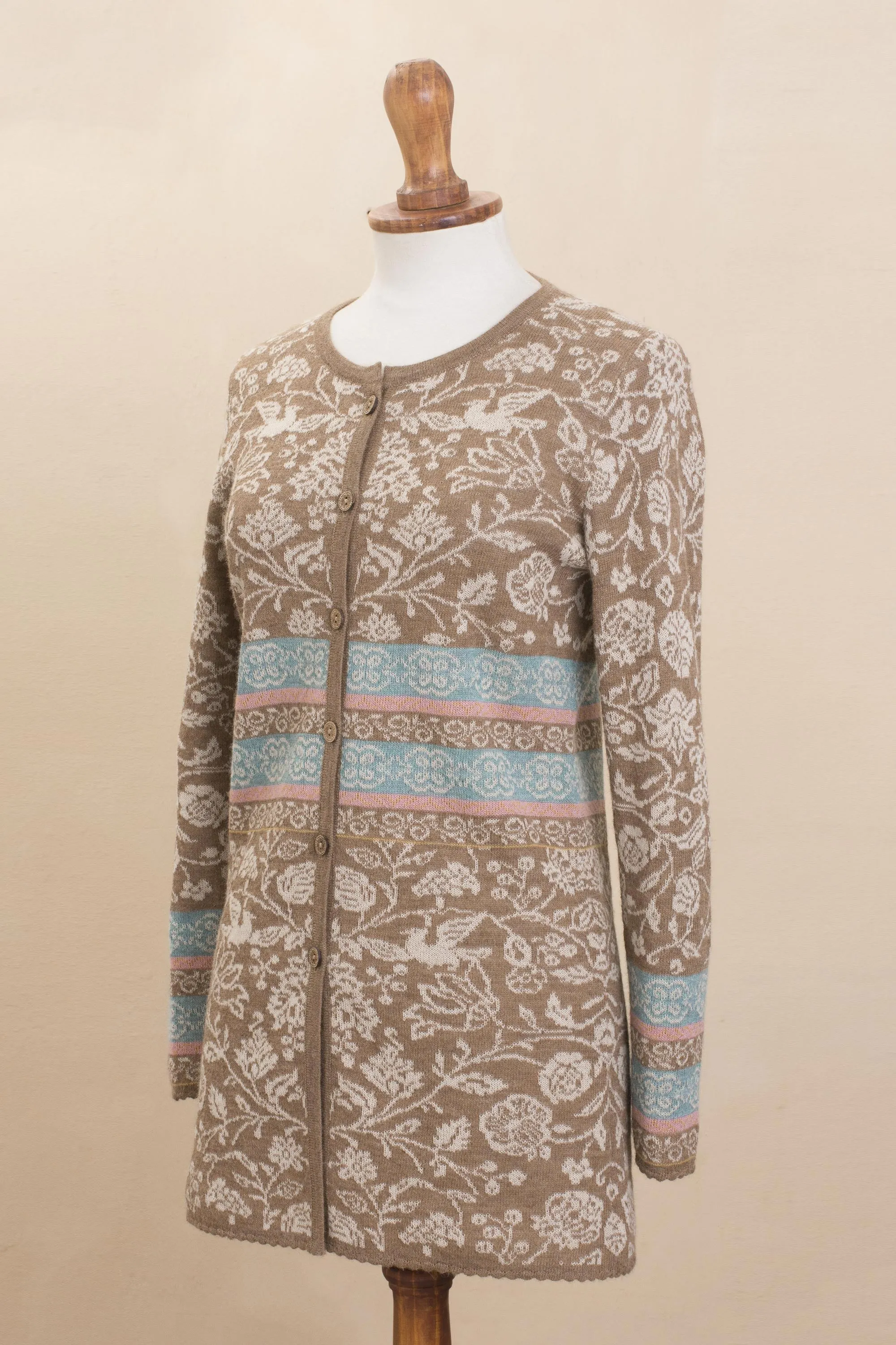 Romantic Nature in Tan Nature-Themed 100% Baby Alpaca Cardigan in Tan from Peru