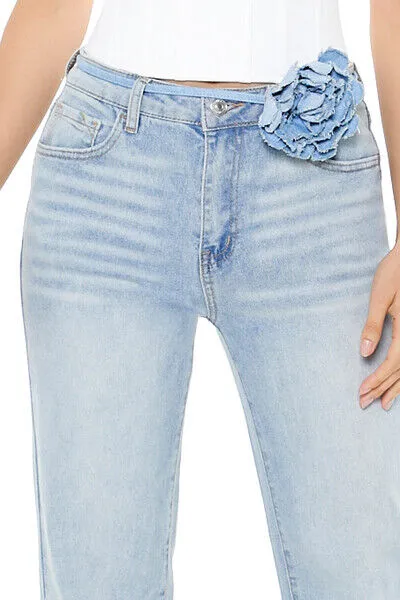 Rosette Belted Wide-Leg Jeans