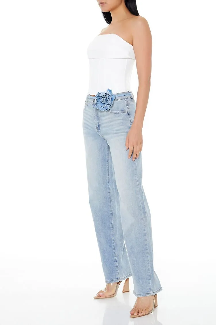 Rosette Belted Wide-Leg Jeans