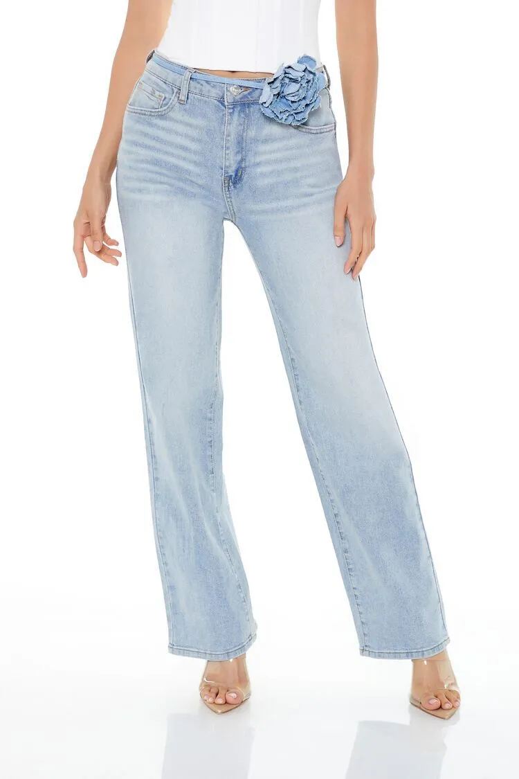 Rosette Belted Wide-Leg Jeans