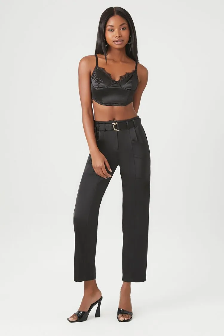 Satin Belted Straight-Leg Pants
