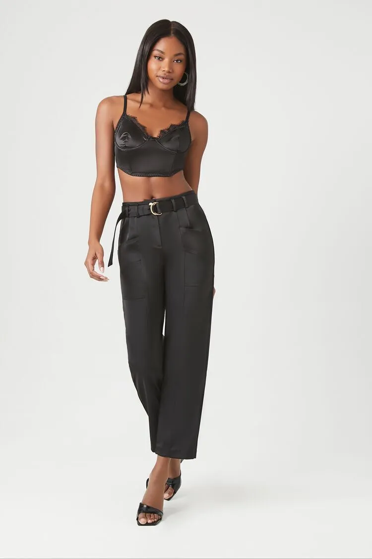 Satin Belted Straight-Leg Pants
