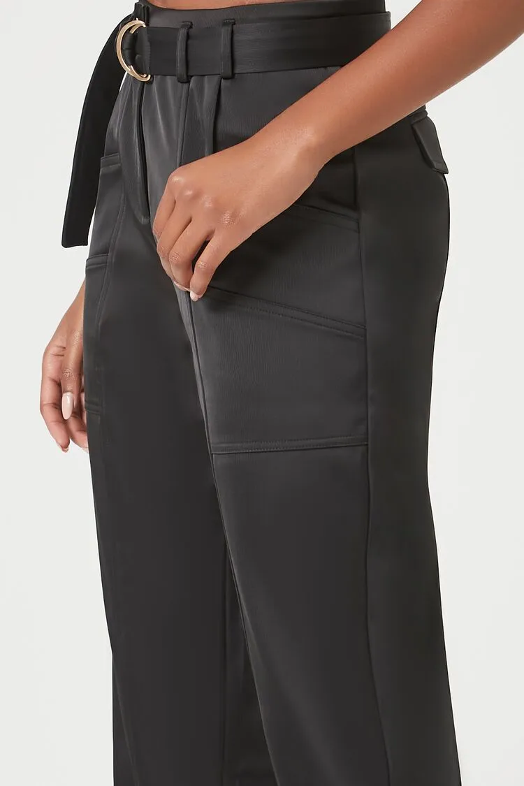 Satin Belted Straight-Leg Pants