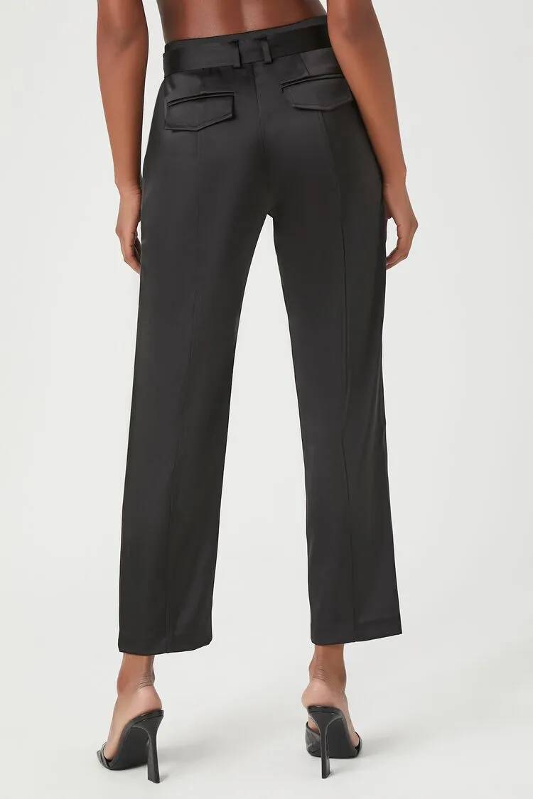 Satin Belted Straight-Leg Pants