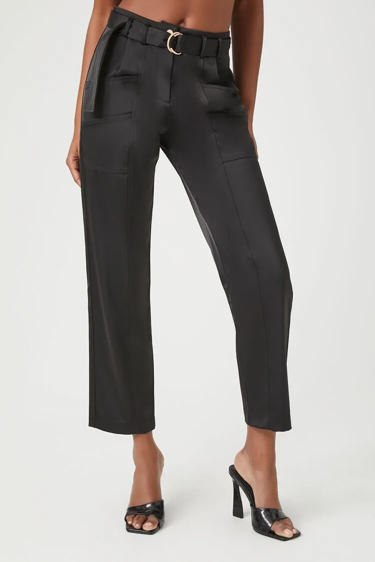 Satin Belted Straight-Leg Pants