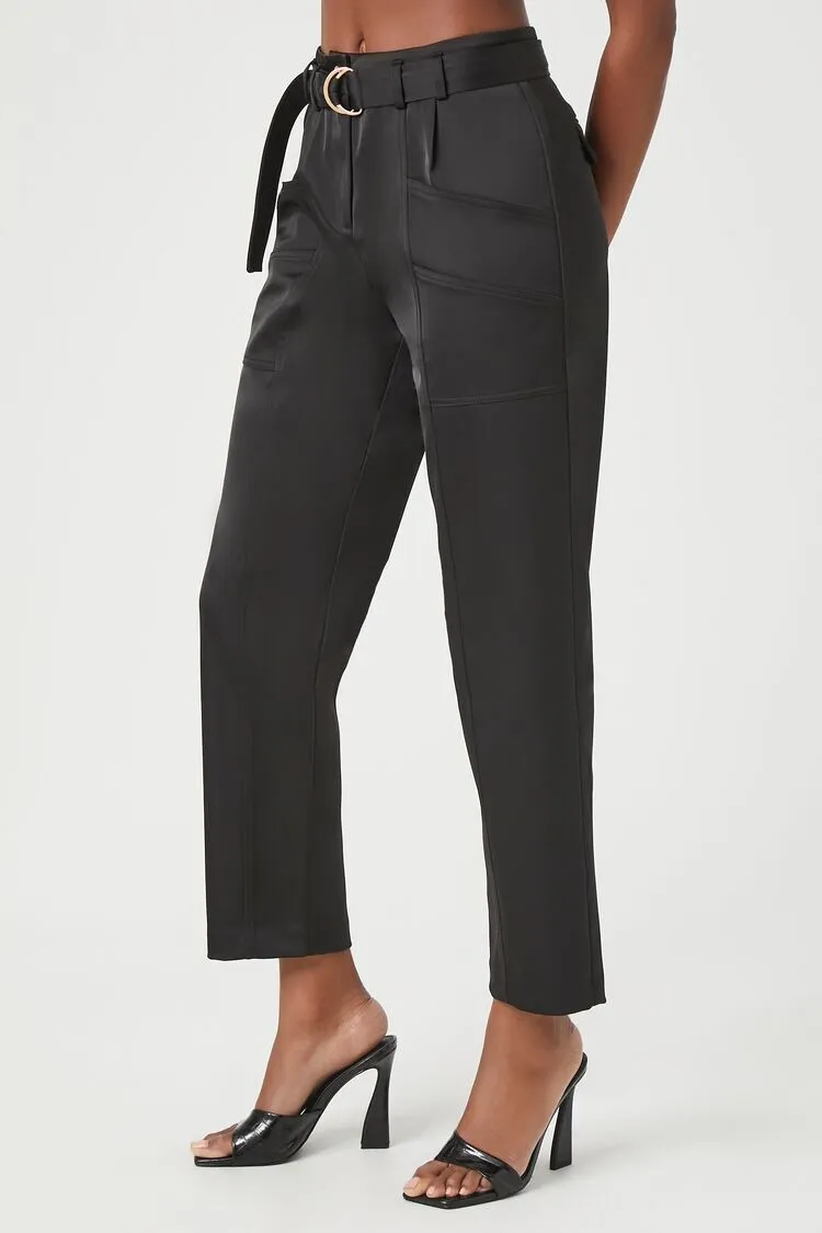 Satin Belted Straight-Leg Pants