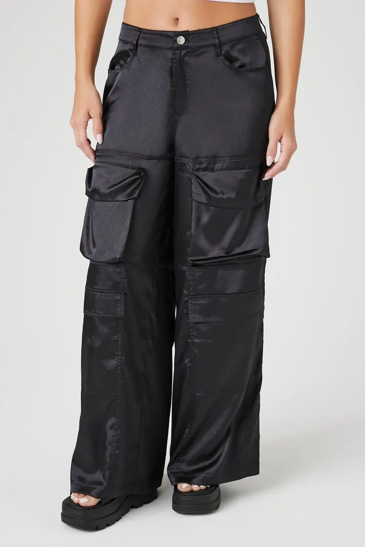Satin Wide-Leg Cargo Pants