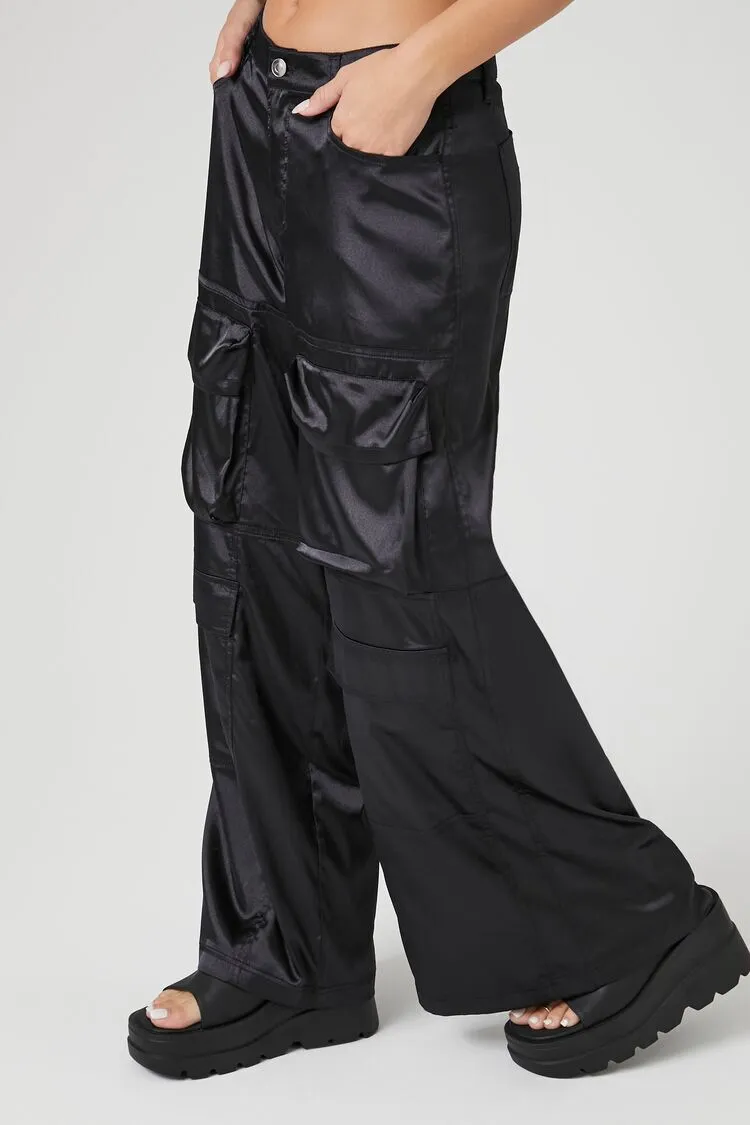 Satin Wide-Leg Cargo Pants