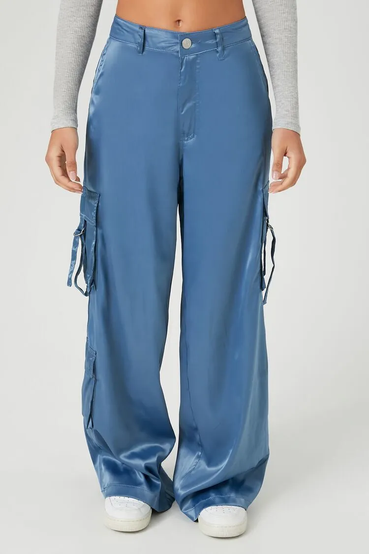 Satin Wide-Leg Cargo Pants