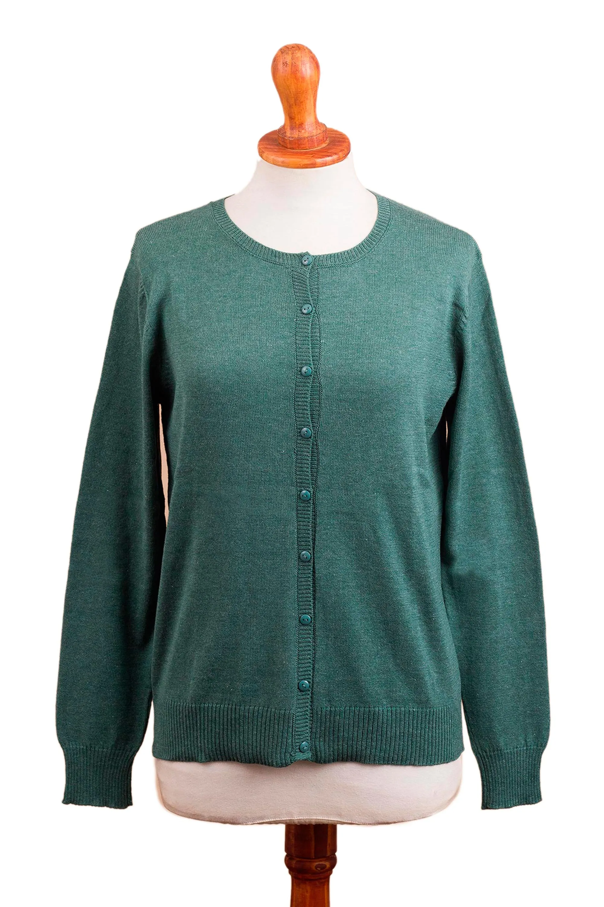 Simple Style in Viridian Cotton Blend Green Cardigan Sweater from Peru