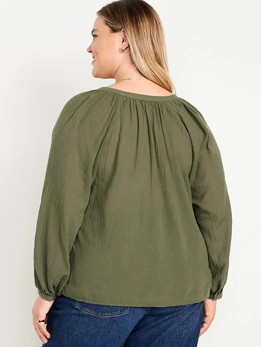 Split-Neck Crinkle Gauze Top