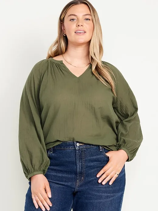Split-Neck Crinkle Gauze Top