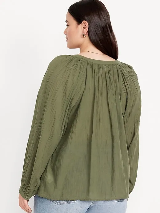 Split-Neck Crinkle Gauze Top