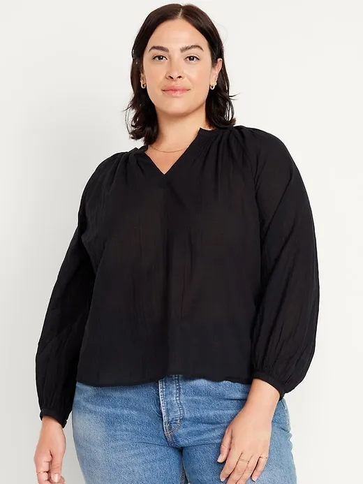 Split-Neck Crinkle Gauze Top