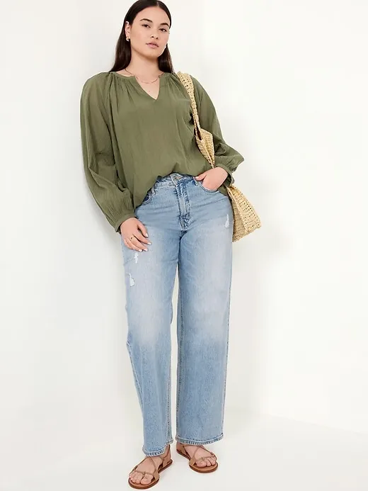 Split-Neck Crinkle Gauze Top