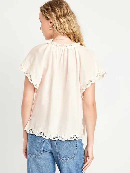 Split-Neck Eyelet Top