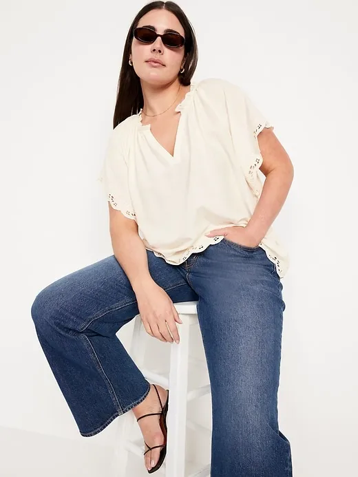 Split-Neck Eyelet Top