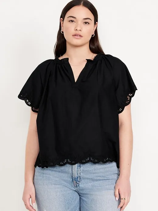 Split-Neck Eyelet Top
