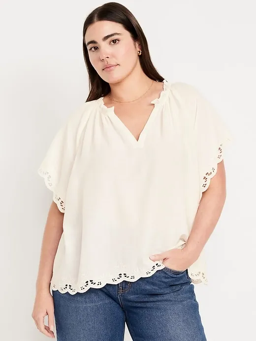 Split-Neck Eyelet Top