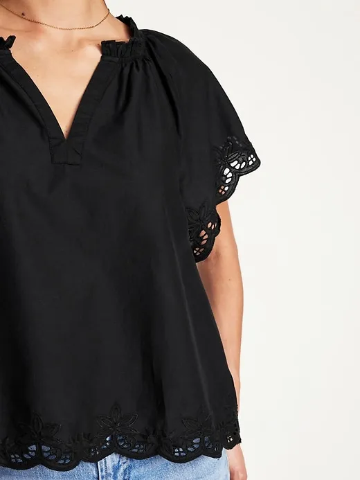 Split-Neck Eyelet Top