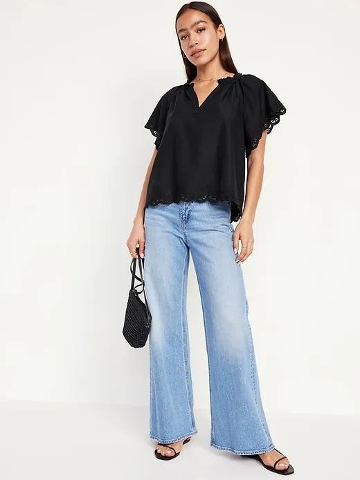 Split-Neck Eyelet Top