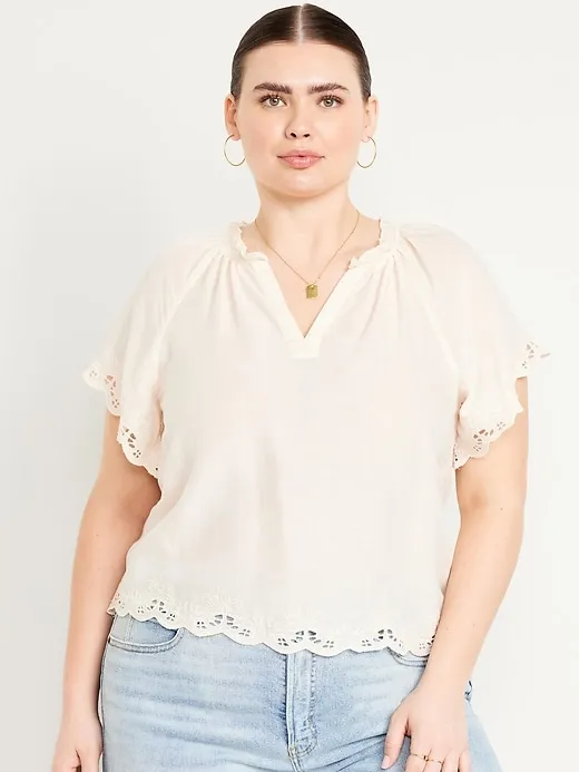 Split-Neck Eyelet Top